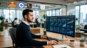 Staking de criptomoedas: o que é, como funciona e o que avaliar antes de começar 4 Pessoa jovem analisando múltiplas opções de investimento em uma tela de computador em um escritório contemporâneo, com ícones de carteira digital e gr