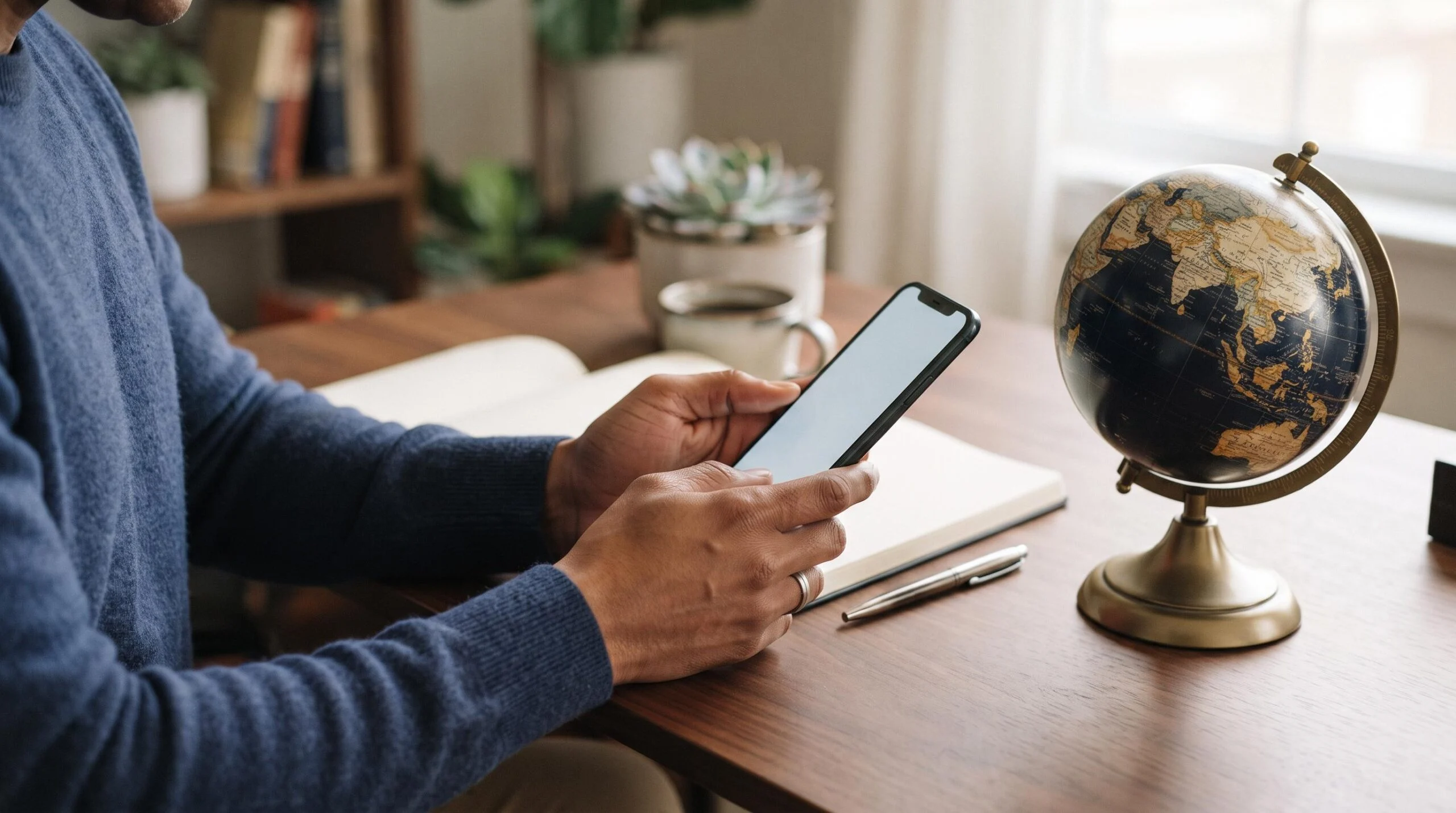 Mãos de uma pessoa adulta segurando um smartphone sobre uma mesa de escritório organizada, com um globo terrestre decorativo ao lado e iluminação suave
