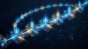 Staking de criptomoedas: o que é, como funciona e o que avaliar antes de começar 3 Representação visual abstrata de blocos de blockchain conectados em cadeia, com nós de validação iluminados em tons de azul e dourado sobre um fundo e