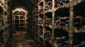 Garrafas de vinho vintage envelhecidas em uma adega tradicional com paredes de pedra, organizadas em nichos individuais, com atmosfera que remete à es