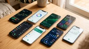 Vários smartphones dispostos sobre uma superfície clean exibindo interfaces de aplicativos financeiros diversos, com tons quentes de iluminação, ilust